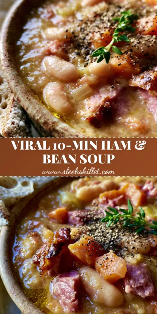 Ham Soup Recipe: The Ultimate Creamy White Bean and Leftover Ham Comfort Bowl 4 A rustic ceramic bowl of creamy ham soup recipe with cannellini beans, seared ham, and fresh thyme garnish on a neutral linen background.