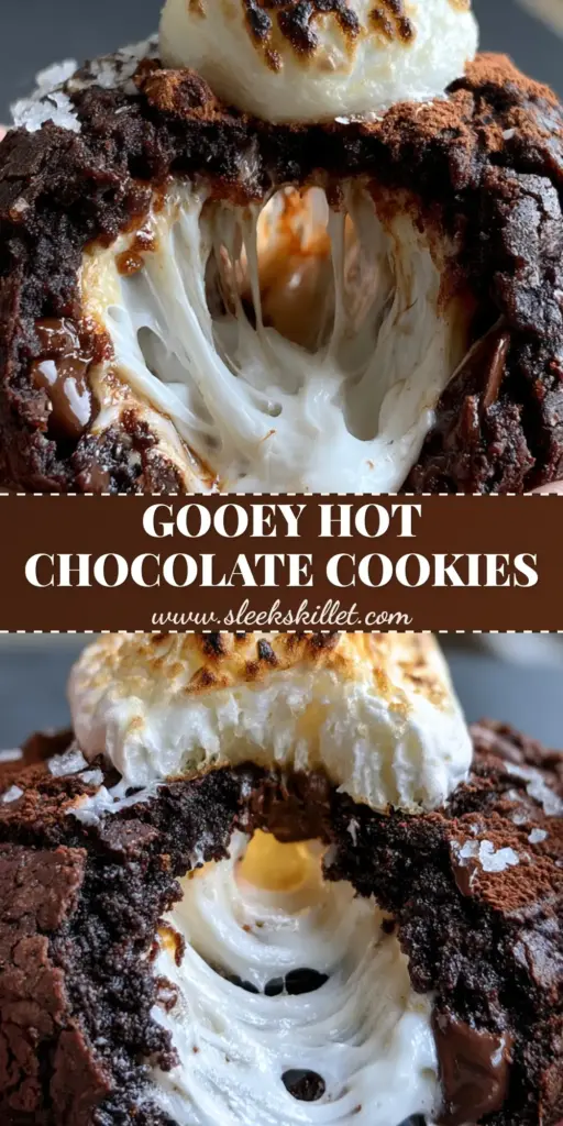Hot Chocolate Cookies with a Gooey Toasted Marshmallow Center 3 A close-up of Hot Chocolate Cookies showing a stretchy, gooey marshmallow center pull and toasted marshmallow peaks on a dark slate background.