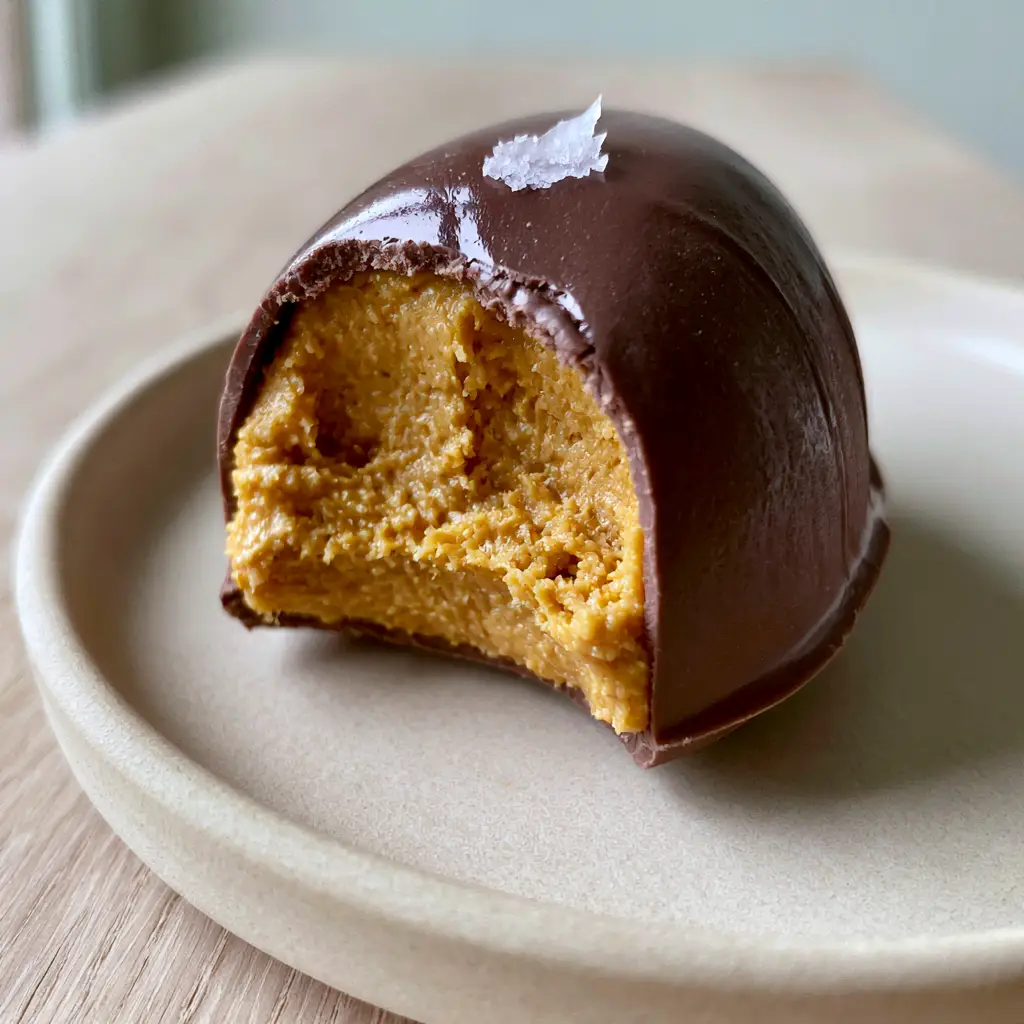 A perfectly glossy Peanut Butter Egg with a single flake of sea salt on a beige plate.