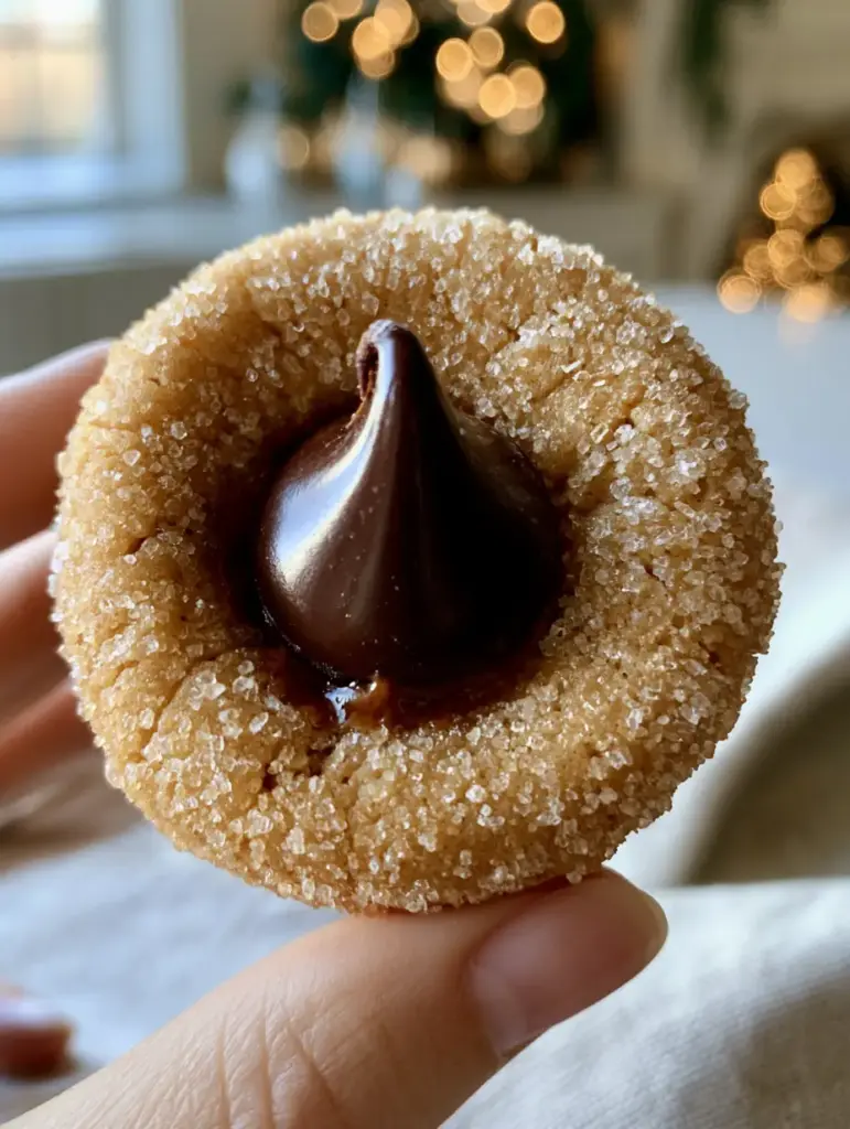 Extreme close-up of a person's hand holding a soft peanut butter blossom cookie showing the moist interior crumb and sparkling sugar.
