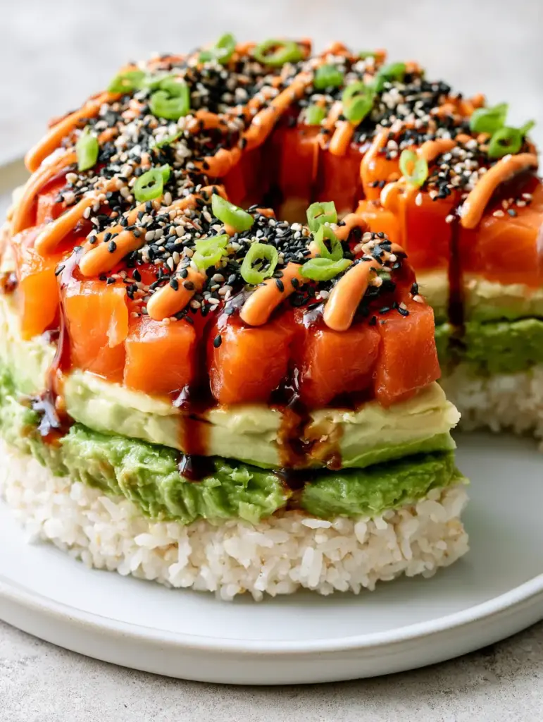 Sushi Bundt Cake Recipe: The Ultimate Show-Stopping Salmon Stack 2 High-end food photography of a sushi bundt cake showing thick layers of salmon, avocado and seasoned rice. (sushi bundt cake)