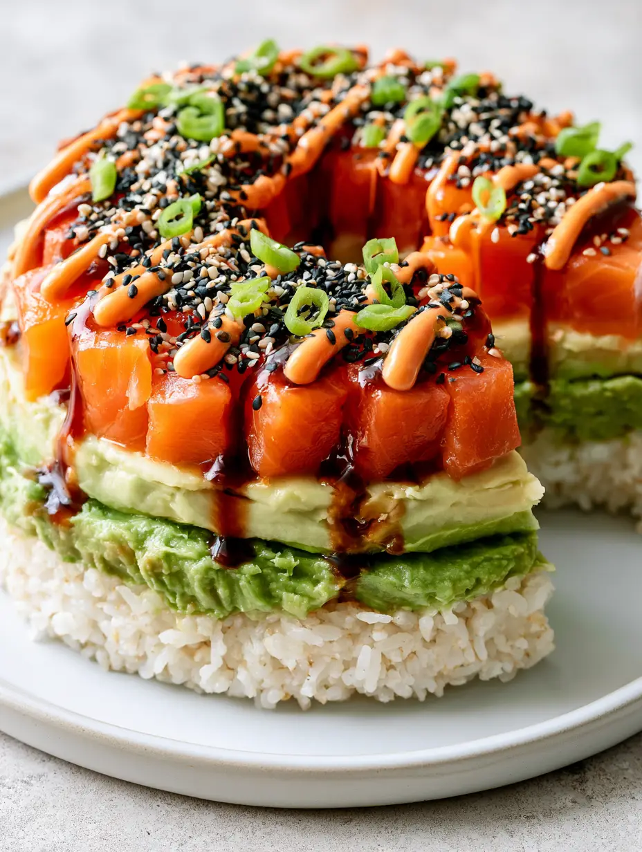 Sushi Bundt Cake Recipe: The Ultimate Show-Stopping Salmon Stack 3 High-end food photography of a sushi bundt cake showing thick layers of salmon, avocado and seasoned rice. (sushi bundt cake)