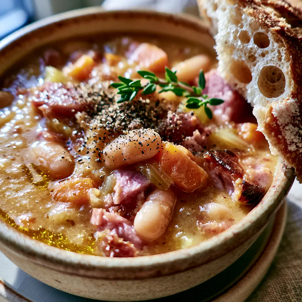 Ham Soup Recipe: The Ultimate Creamy White Bean and Leftover Ham Comfort Bowl 2 Close-up handheld photo of ham soup recipe showing the glistening golden-brown broth and tender cannellini beans.