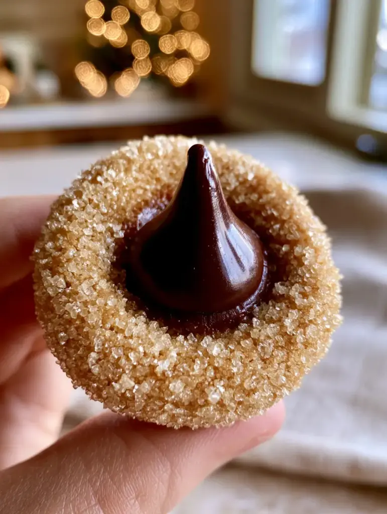 Peanut butter blossoms: The Ultimate Pillowy, Crack-Free Recipe 1 A warm golden-brown peanut butter blossom cookie with a glossy Hershey's kiss, highlighting the soft side-lighting and festive kitchen background.