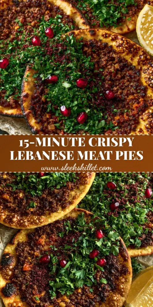 Lahm Bi Ajeen: The Ultimate Authentic Lebanese Meat Pies Recipe 4 A tall Pinterest pin image showing authentic Lebanese Lahm Bi Ajeen meat pies with charred edges, pomegranate seeds, and fresh parsley on a dark slate background.