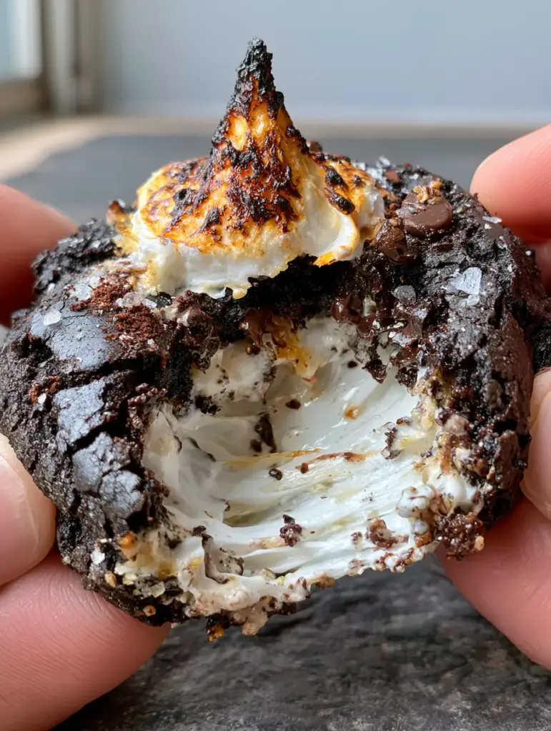 Two hands pulling apart a thick fudgy dark chocolate cookie revealing a stretchy white marshmallow center. (Hot Chocolate Cookies)