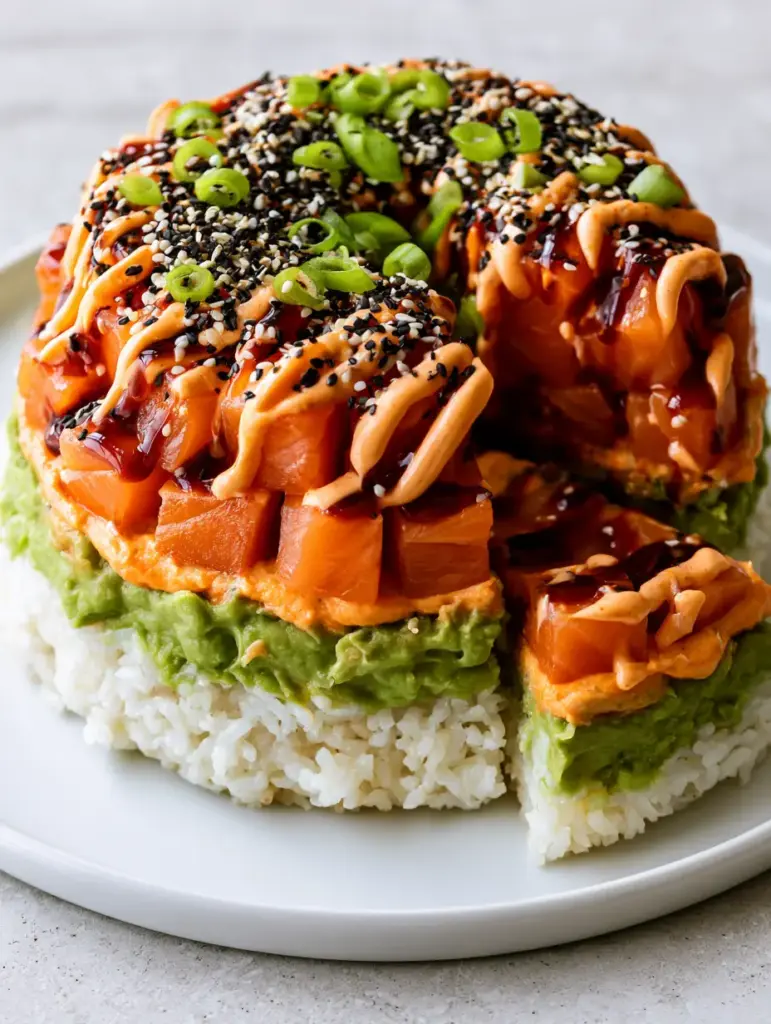 Sushi Bundt Cake Recipe: The Ultimate Show-Stopping Salmon Stack 1 A slice removed from a sushi bundt cake to show the internal rice, avocado, and salmon layering.