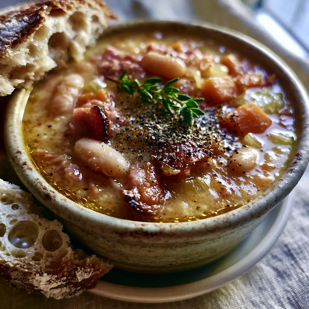 Ham Soup Recipe: The Ultimate Creamy White Bean and Leftover Ham Comfort Bowl 1 Top down view of ham soup recipe with crusty torn sourdough bread on the side and fresh thyme garnish.