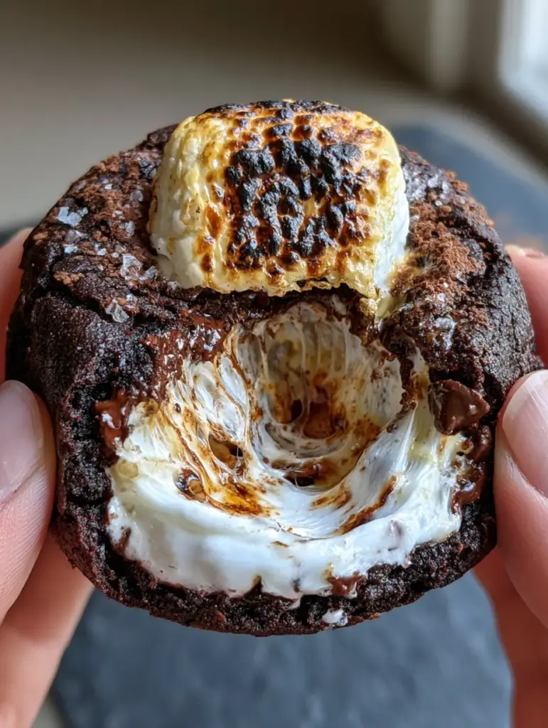 Hot Chocolate Cookies with a Gooey Toasted Marshmallow Center 1 A stack of Hot Chocolate Cookies topped with charred golden-brown marshmallow peaks and a dusting of cocoa powder.