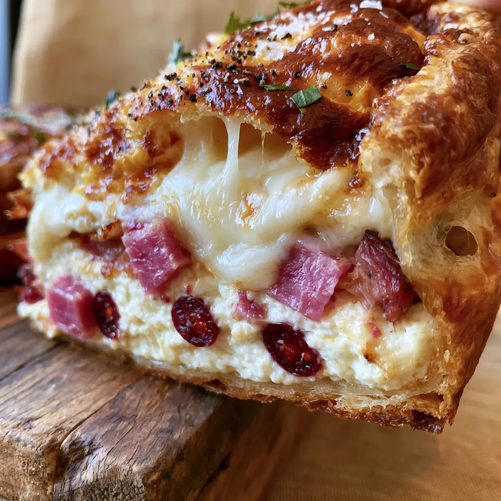 A close up of the ultra-crispy golden-brown flaky pastry crust of a Pizza rustica.
