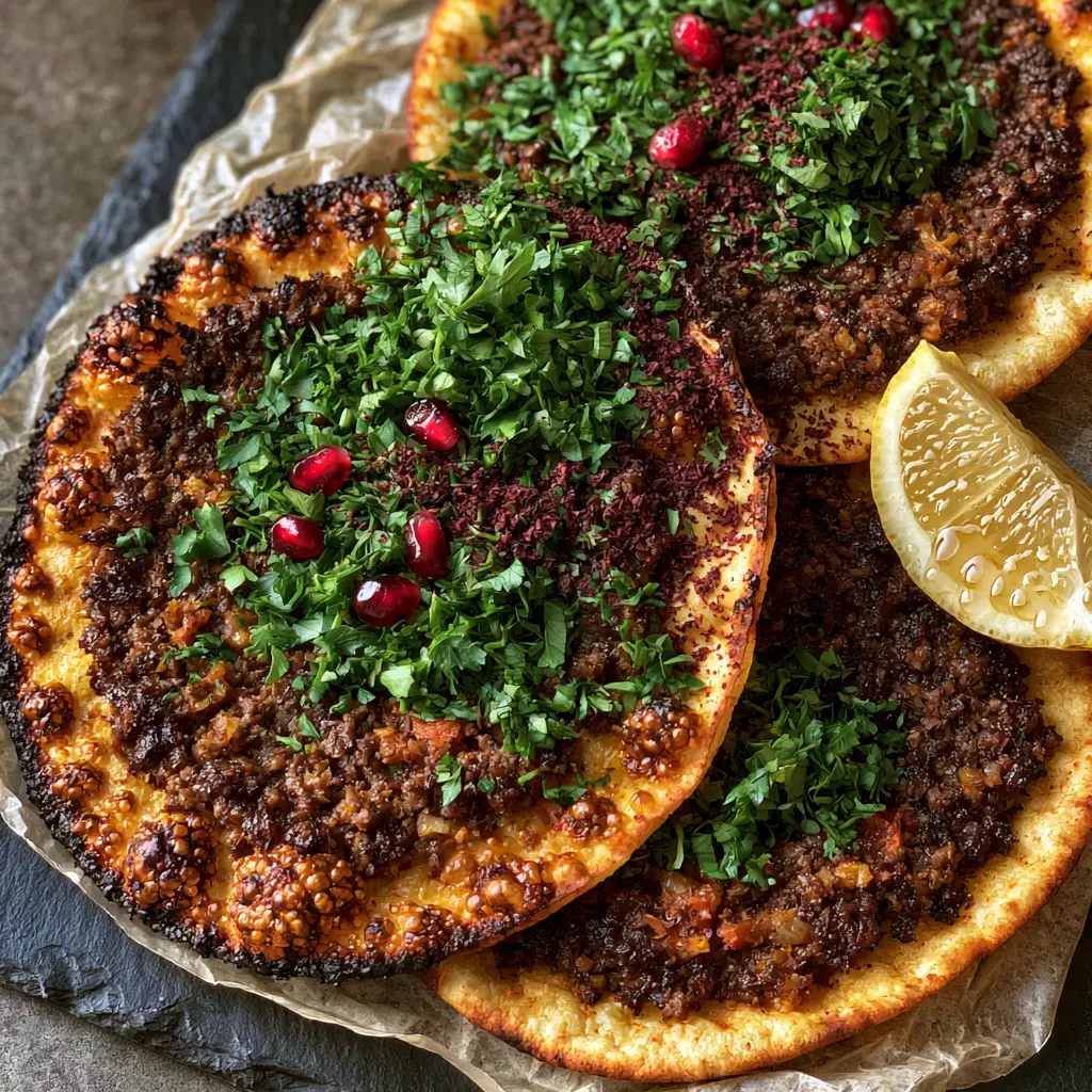Lahm Bi Ajeen: The Ultimate Authentic Lebanese Meat Pies Recipe 2 A top-down angled close-up of three authentic Lebanese Lahm Bi Ajeen meat pies resting on crumpled parchment paper over a dark slate surface.
