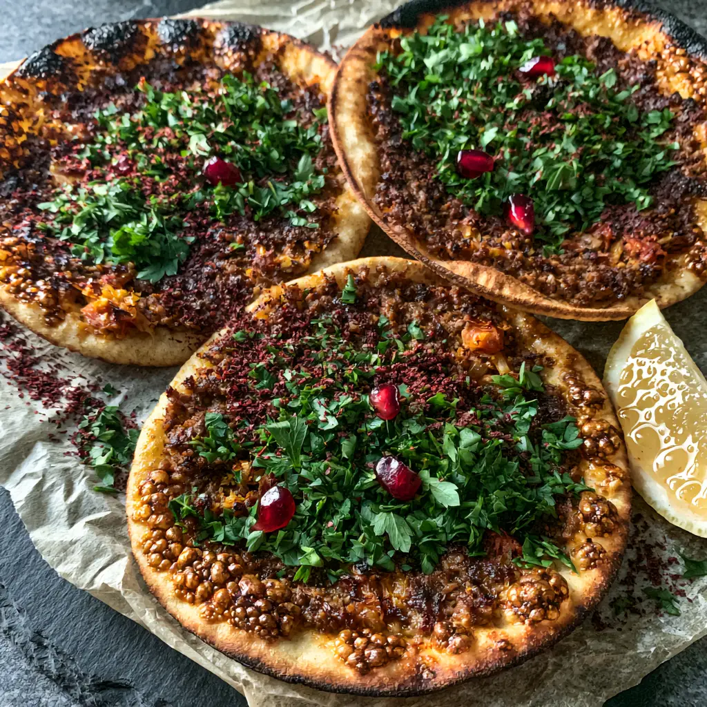 Lahm Bi Ajeen: The Ultimate Authentic Lebanese Meat Pies Recipe 1 Close up of Lahm Bi Ajeen spiced beef topping with minced tomatoes and fresh parsley garnish.