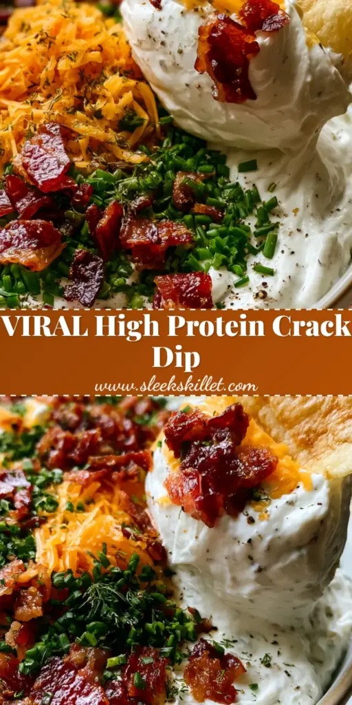 A close-up shot of High Protein Crack Dip in a bowl with bacon, cheese, and chives, featuring a kettle chip lifting a creamy dollop.