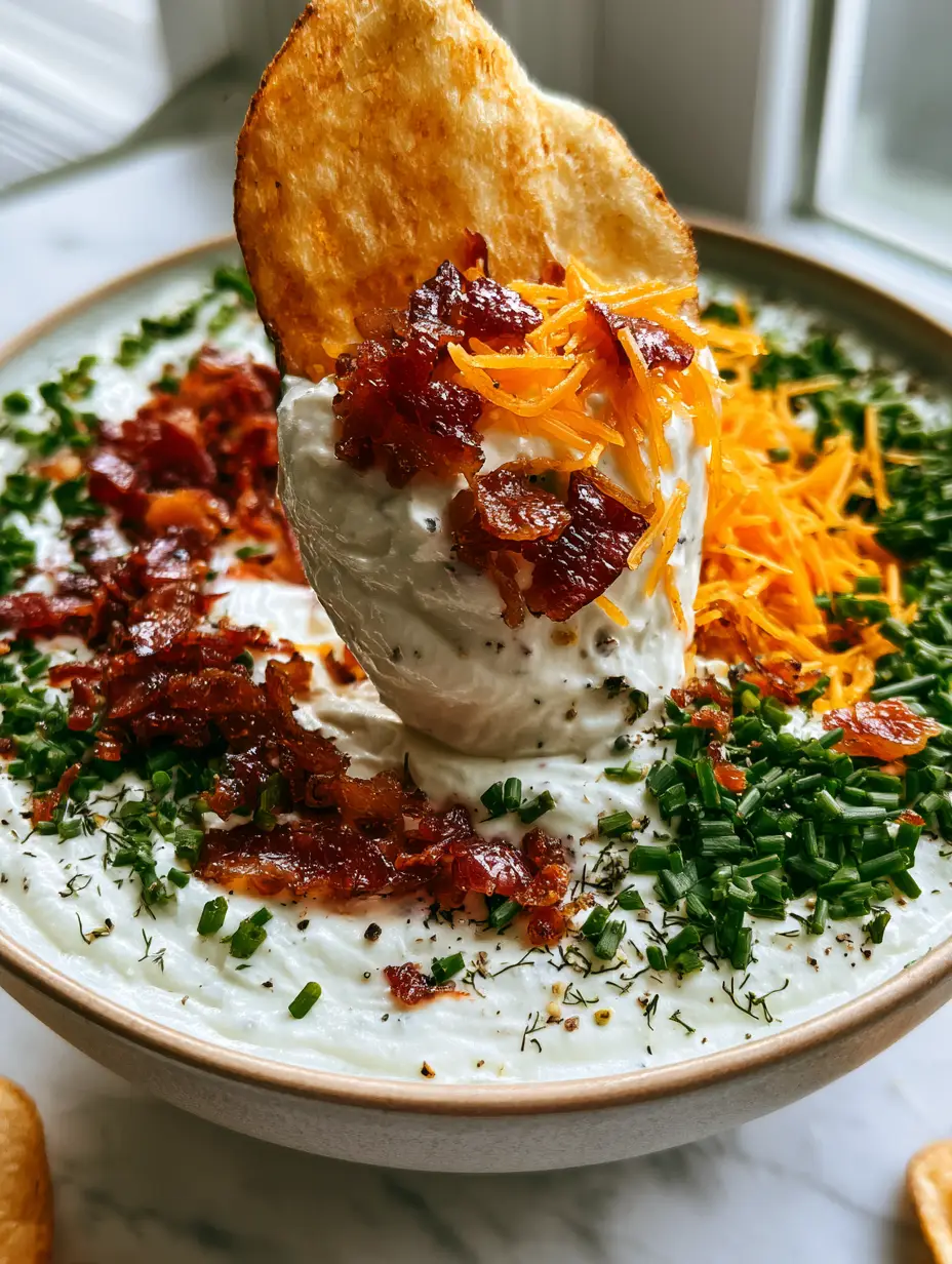 A velvety smooth High Protein Crack Dip base topped with a mosaic of reddish-brown bacon and orange cheddar.