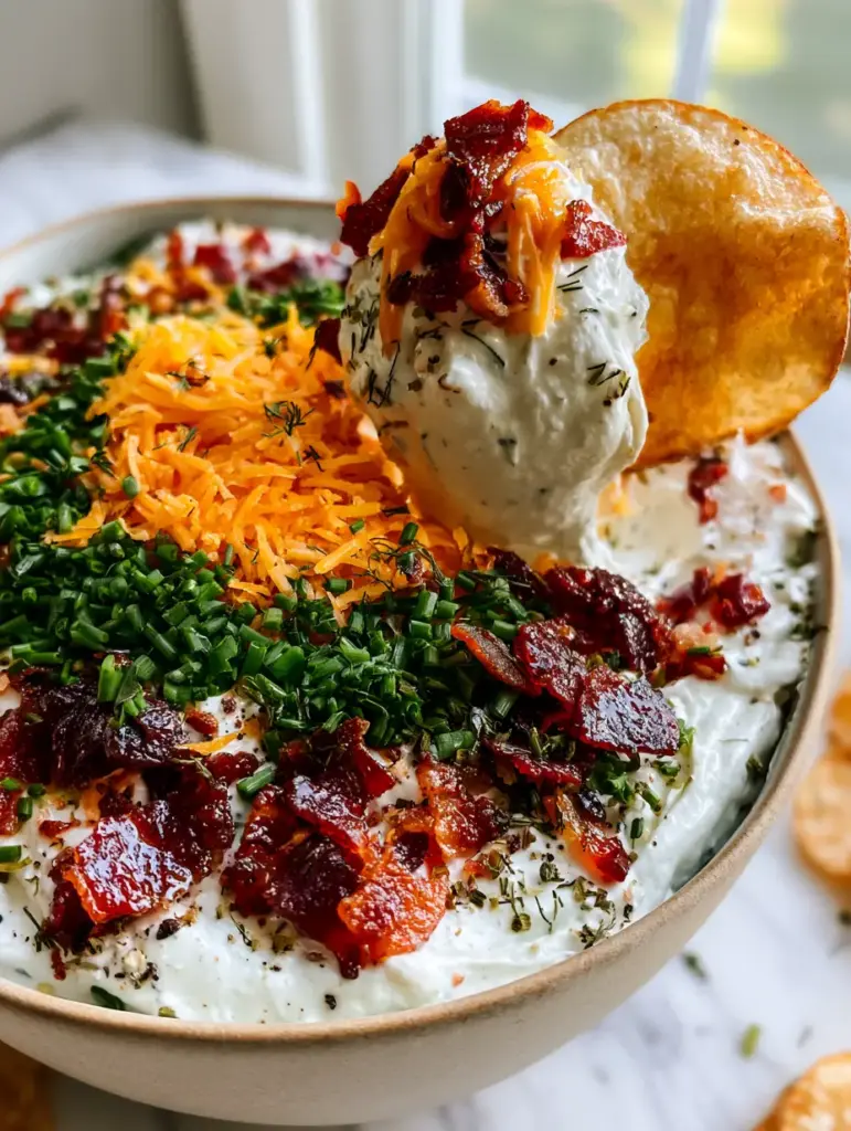A dense forest of fresh chives and cracked black pepper on top of a High Protein Crack Dip.