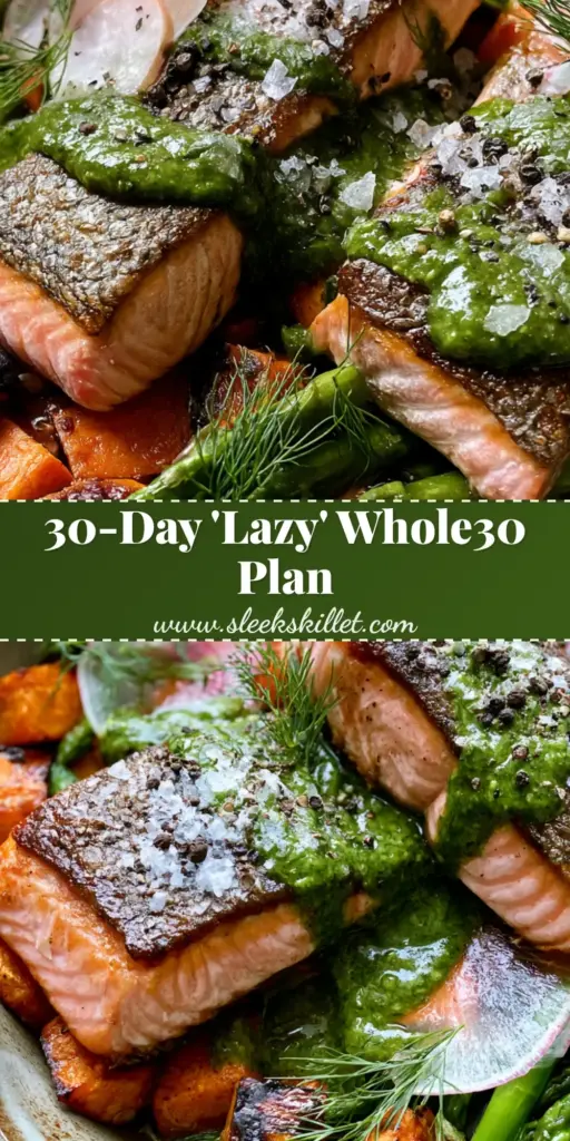 A rustic cast-iron skillet with seared salmon fillets, crispy skin, roasted sweet potatoes, and asparagus for a perfect Whole30 meal plan.