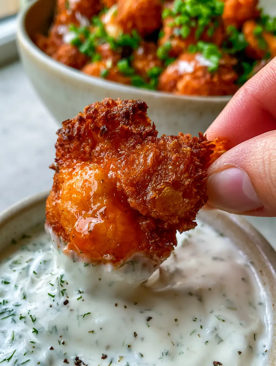 Air Fryer Buffalo Cauliflower Bites: The Ultimate Crispy Recipe 4 A handheld photo of a single ultra-crispy cauliflower floret being dipped into thick ranch dressing. (air fryer buffalo cauliflower bites)