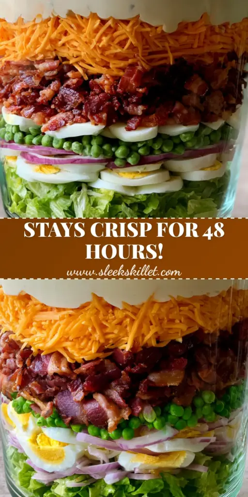 A tall glass trifle bowl containing a perfectly layered salad with romaine, peas, onions, eggs, bacon, and cheddar. (layered salad)