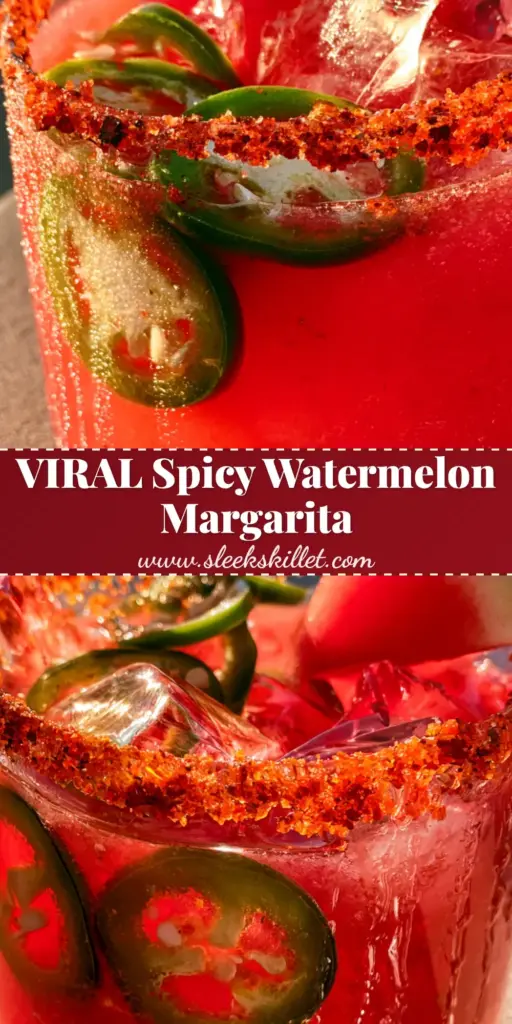 Jalapeño Watermelon Margarita: The Ultimate Spicy Summer Cocktail 4 A handheld smartphone photo of a vibrant red Jalapeño watermelon margarita in a Tajin-rimmed glass during golden hour.