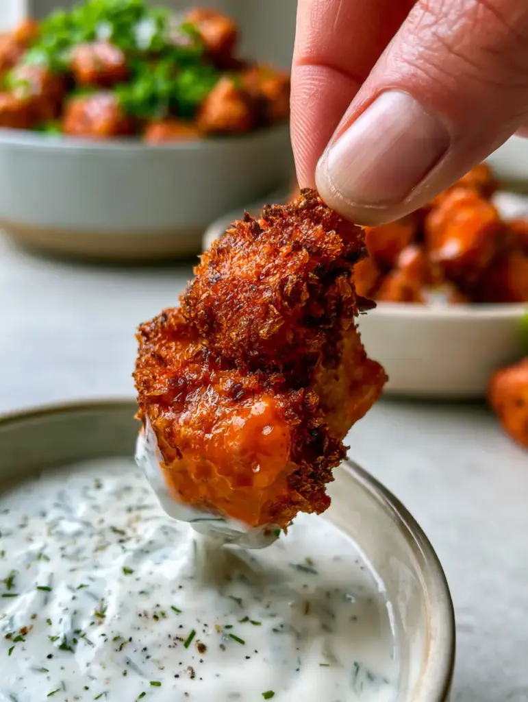 Air Fryer Buffalo Cauliflower Bites: The Ultimate Crispy Recipe 1 Deep golden-brown cauliflower bites with a glistening orange-red buffalo glaze.