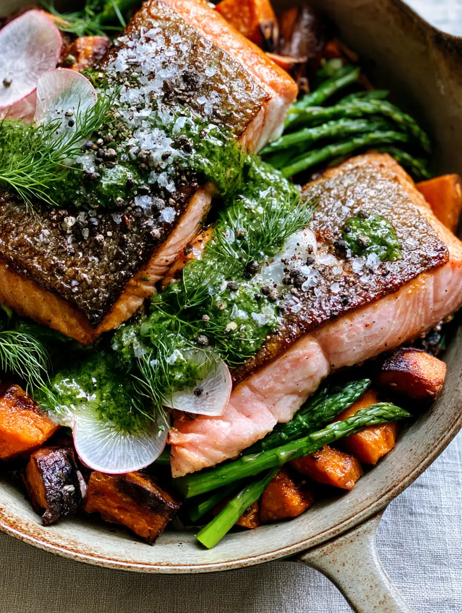 Close up of thick-cut seared salmon with golden-brown skin and emerald green chimichurri. (Whole30 meal plan)