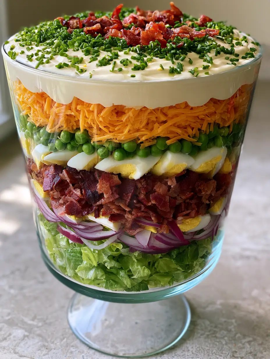 Vertical smartphone photo of a 7 layer salad showing distinct horizontal layers of greens, peas, and bacon. (layered salad)