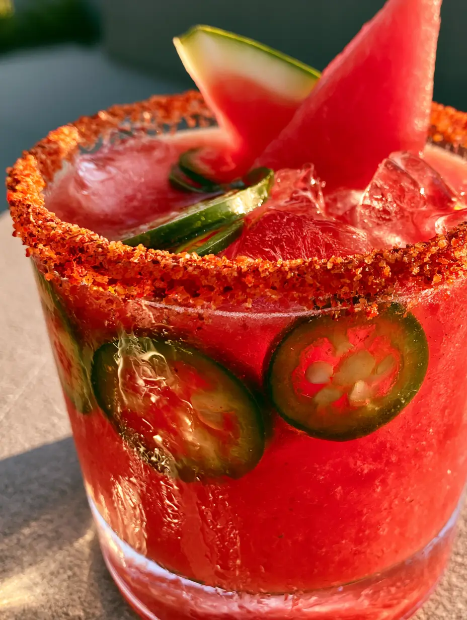 Jalapeño Watermelon Margarita: The Ultimate Spicy Summer Cocktail 3 Close-up of a Jalapeño watermelon margarita showing translucent jalapeño slices, clear ice, and a thick Tajin rim.
