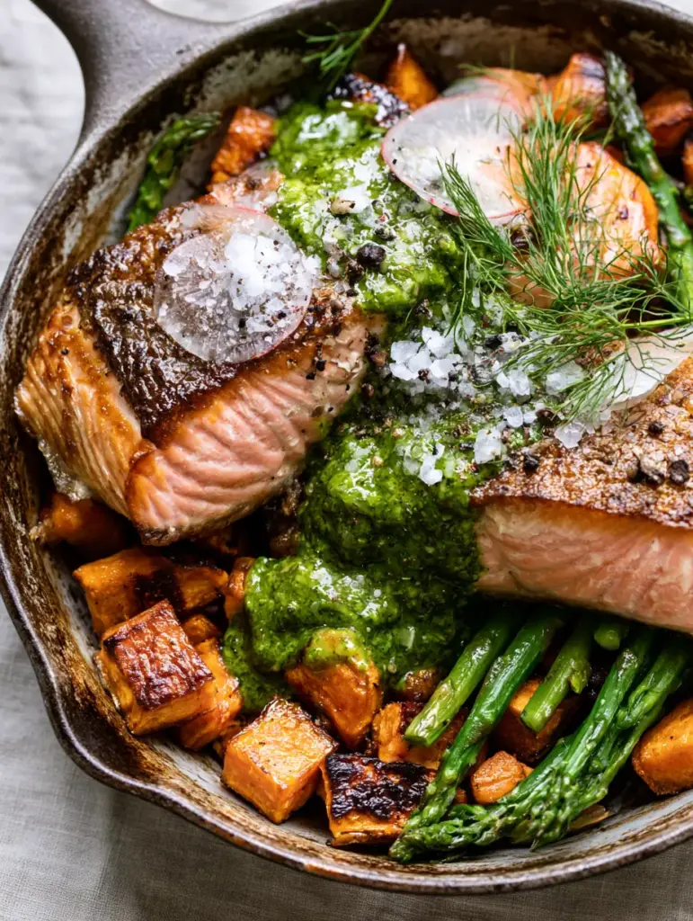 A rustic cast-iron skillet featuring charred asparagus and roasted sweet potatoes topped with radish slices. (Whole30 meal plan)