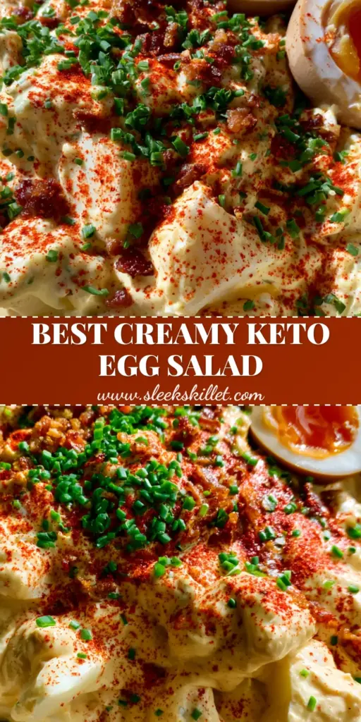 A shallow ceramic bowl of keto deviled egg salad featuring chunky whites, red smoked paprika, crispy bacon, and two jammy soft-boiled egg halves on a linen napkin.