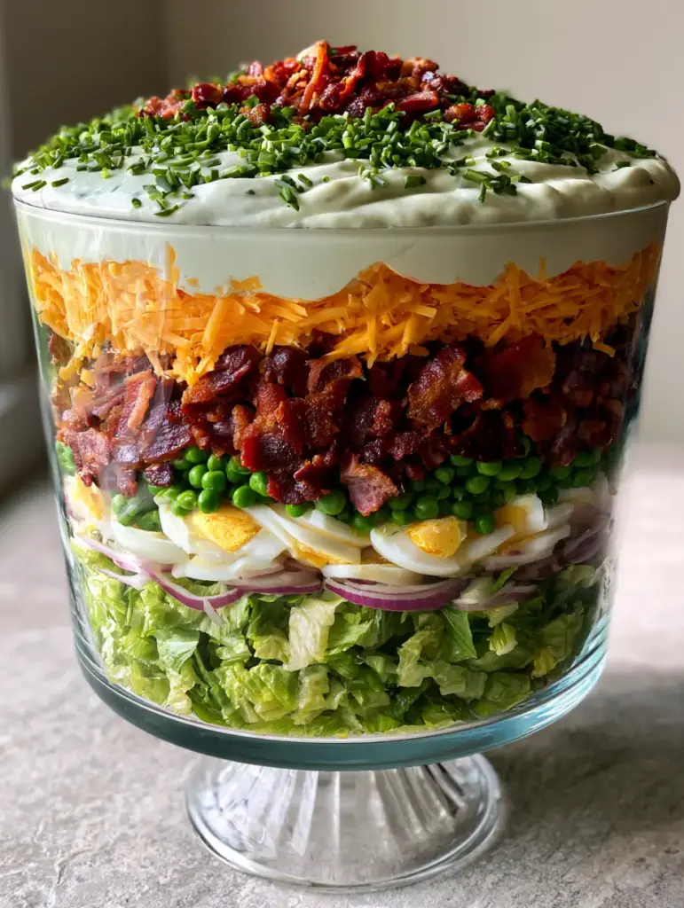 Close up of a layered salad showing the thick matte-white dressing seal and crispy bacon bits top garnish.