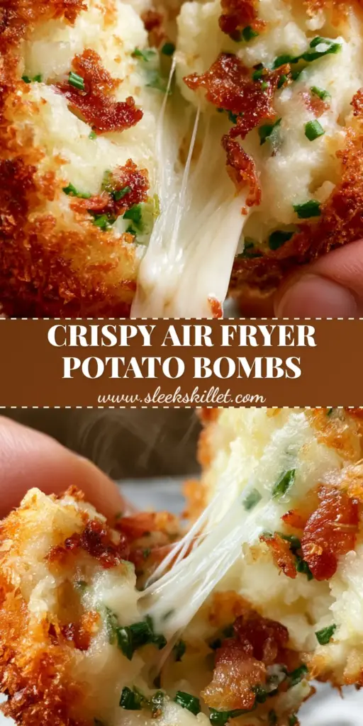 A tall Pinterest pin showing a golden-brown Mashed Potato Croquette being pulled apart to reveal melted mozzarella, crispy bacon, and fresh chives with steam rising.