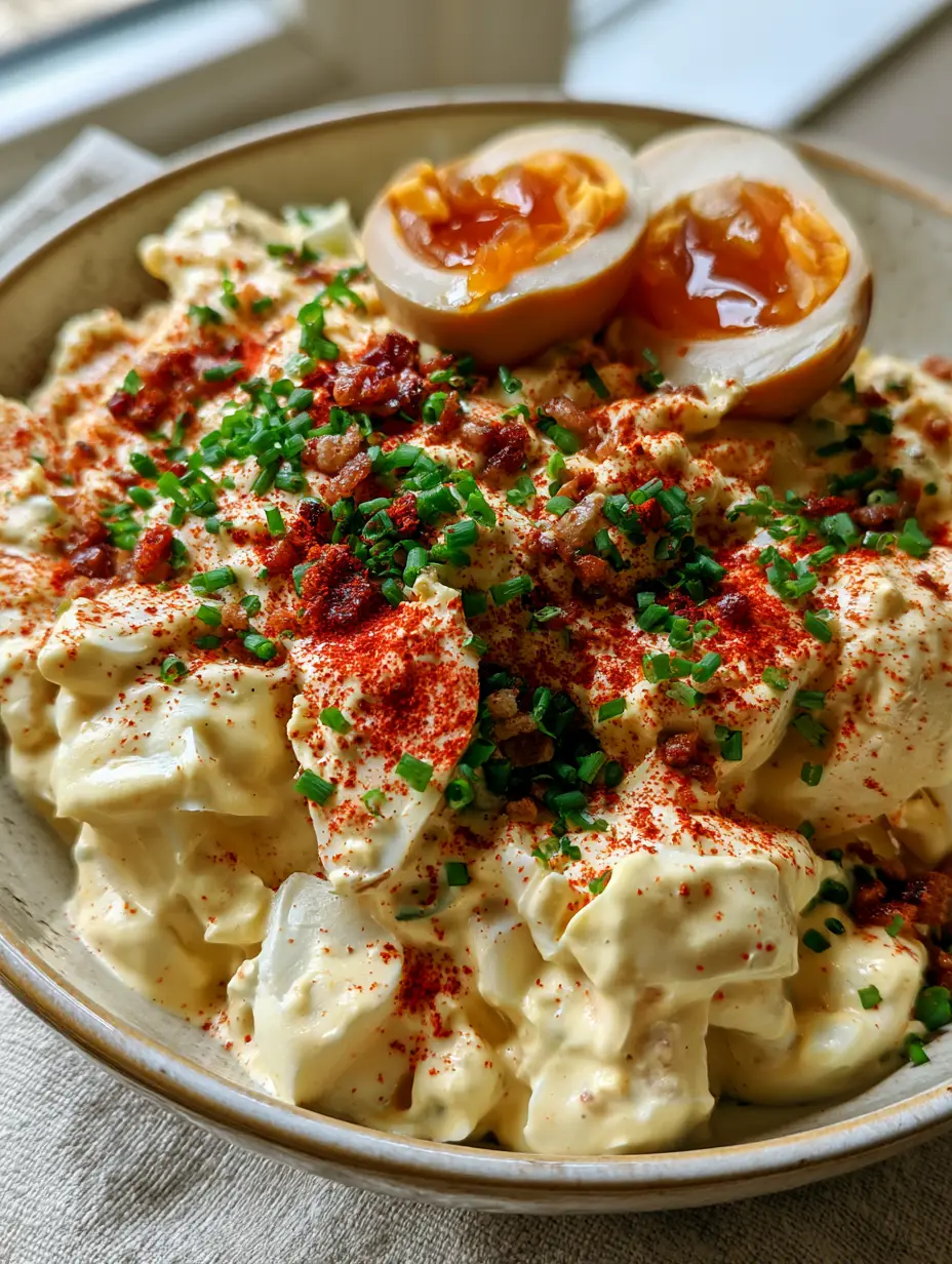Top-down view of keto deviled egg salad showing velvety yellow dressing and vibrant green chives.