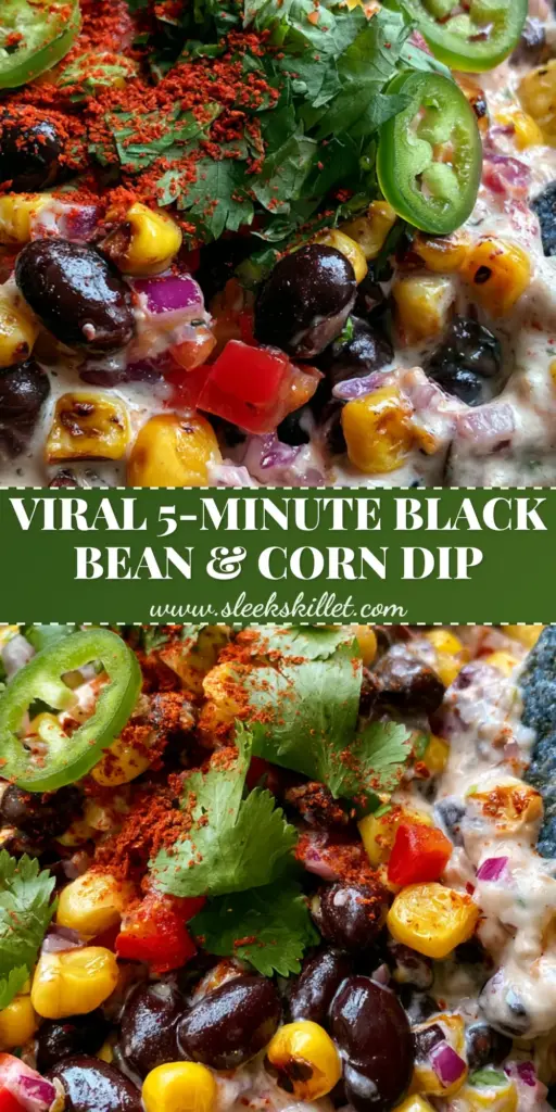 Top-down macro shot of creamy Black Bean and Corn Dip in a charcoal bowl garnished with jalapeños and smoked paprika, served with blue and yellow corn chips.
