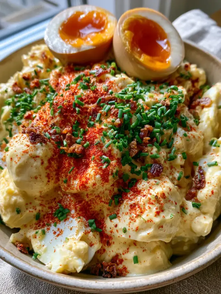Close up of jammy soft-boiled egg halves topped with cracked black pepper on keto deviled egg salad.