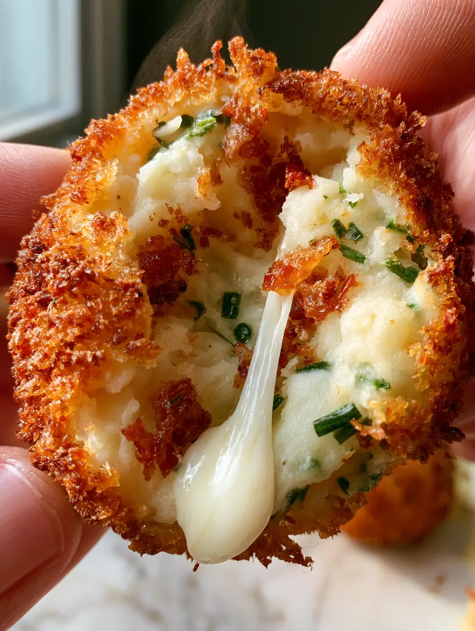 Extreme close-up of a handheld Mashed Potato Croquette showing the jagged texture of deep golden-brown panko breadcrumbs and a mozzarella cheese pull.