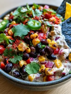 Close-up of charred corn kernels and glossy black beans in a creamy lime dressing for the ultimate Black Bean and Corn Dip.