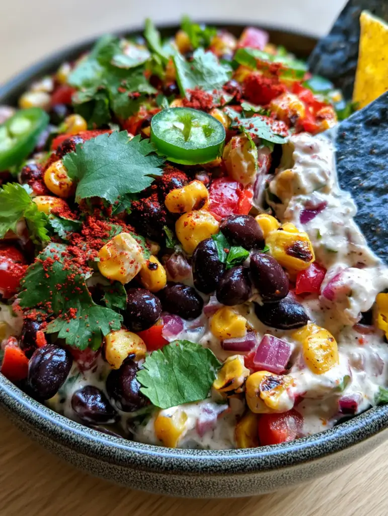 Close-up of charred corn kernels and glossy black beans in a creamy lime dressing for the ultimate Black Bean and Corn Dip.