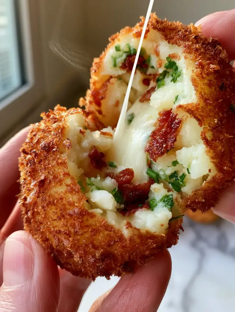 Close-up shot of crispy air-fried potato croquettes with visible steam and vibrant green chives mixed inside the creamy potato filling.
