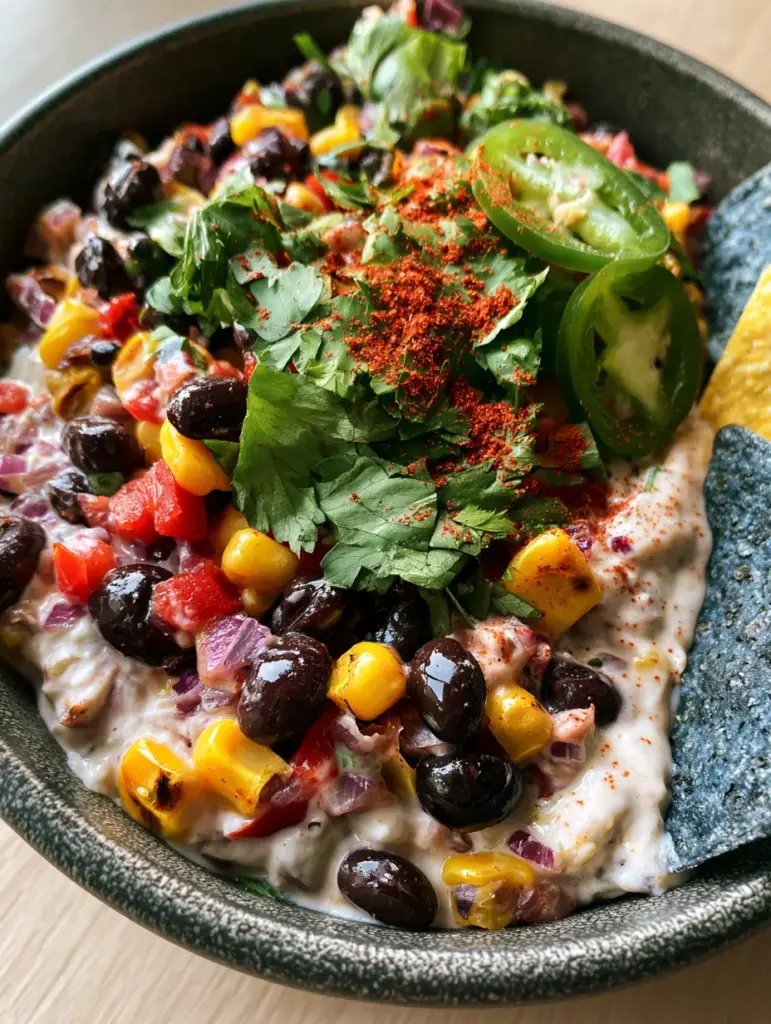 A charcoal ceramic bowl filled with chunky Black Bean and Corn Dip topped with fresh cilantro and jalapeño slices on a wooden background.