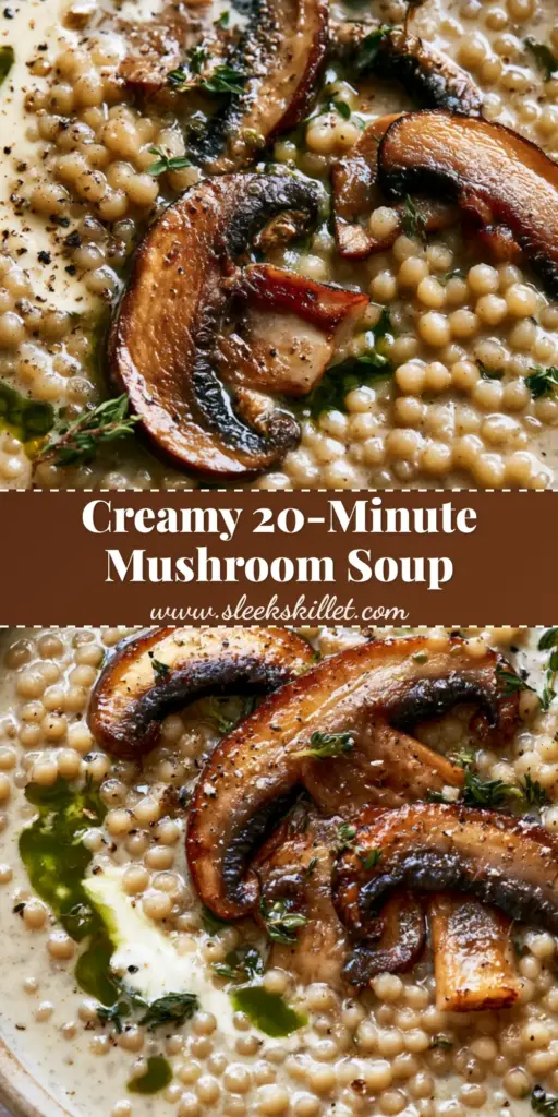 Mushroom Pearl Couscous Soup: The Ultimate Creamy Comfort Food 4 A rustic matte ceramic bowl of Mushroom Pearl Couscous Soup with seared mushrooms, herb oil, and crusty sourdough bread.