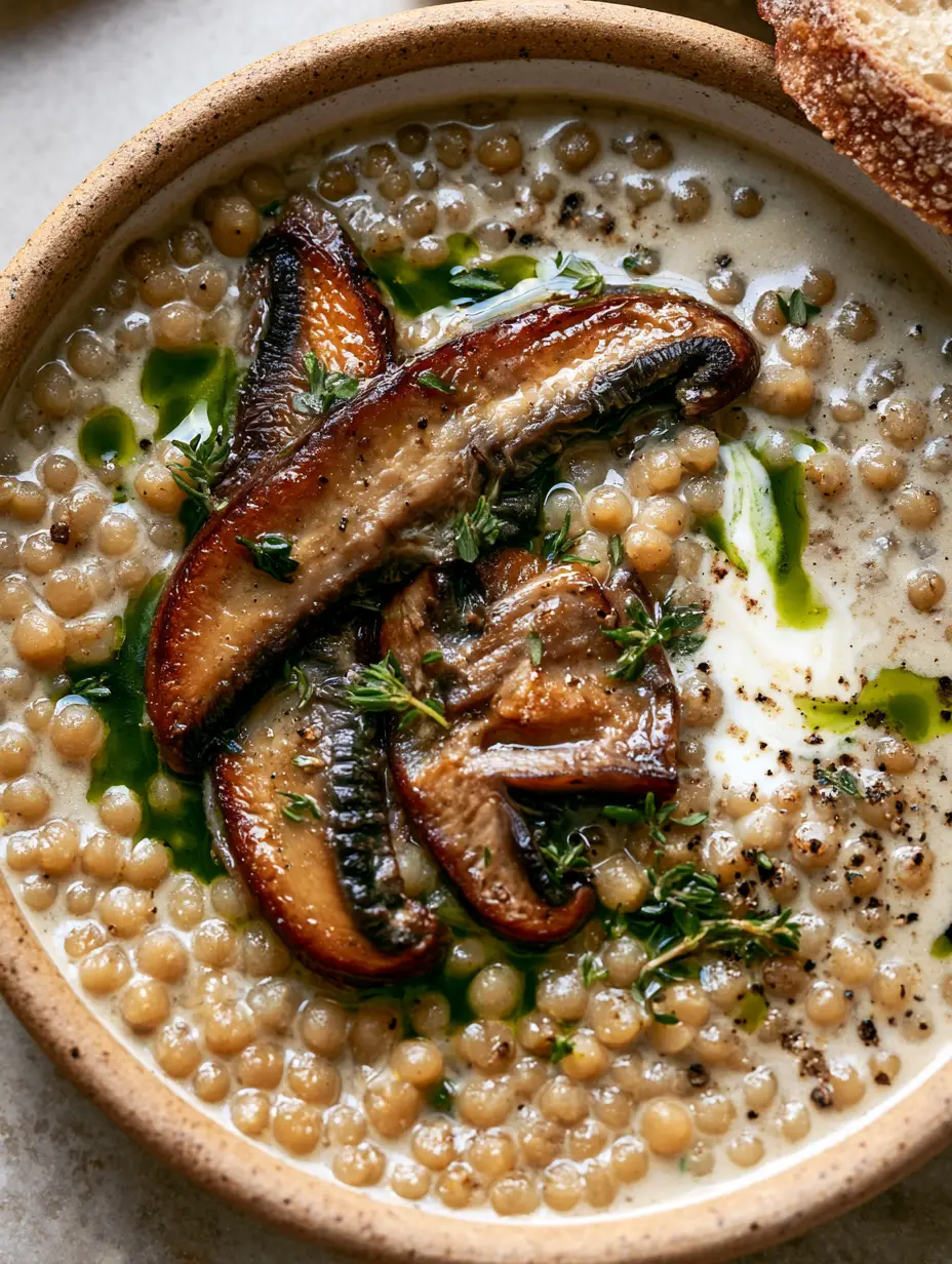 Mushroom Pearl Couscous Soup: The Ultimate Creamy Comfort Food 3 Ultra close-up of thick, cream-colored Mushroom Pearl Couscous Soup featuring glistening pearls and golden mushrooms.