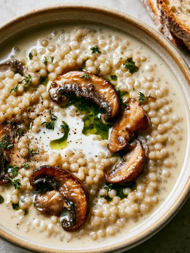 Mushroom Pearl Couscous Soup: The Ultimate Creamy Comfort Food 1 Side view of creamy mushroom soup with a heavy cream swirl and fresh thyme leaves garnish.