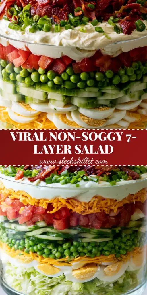 A vertical shot of a classic 7-layer salad in a crystal-clear glass trifle bowl showing vibrant layers of lettuce, tomatoes, cucumbers, peas, eggs, and cheese. (7-layer salad)
