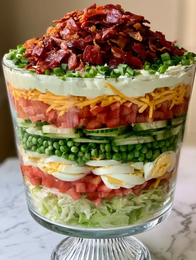 Close up eye-level view of 7-layer salad showing defined colorful layers of fresh vegetables and golden egg yolks. (7-layer salad)