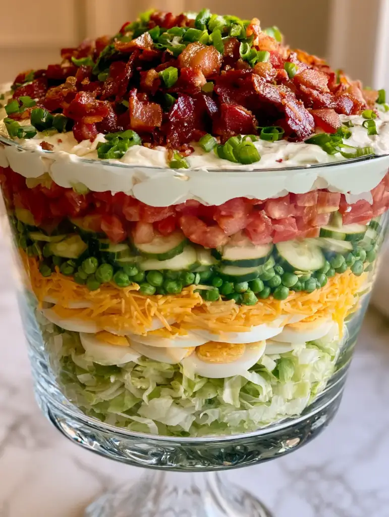 A tall glass bowl filled with a 7-layer salad topped with a thick white dressing, crispy bacon bits, and green onions.