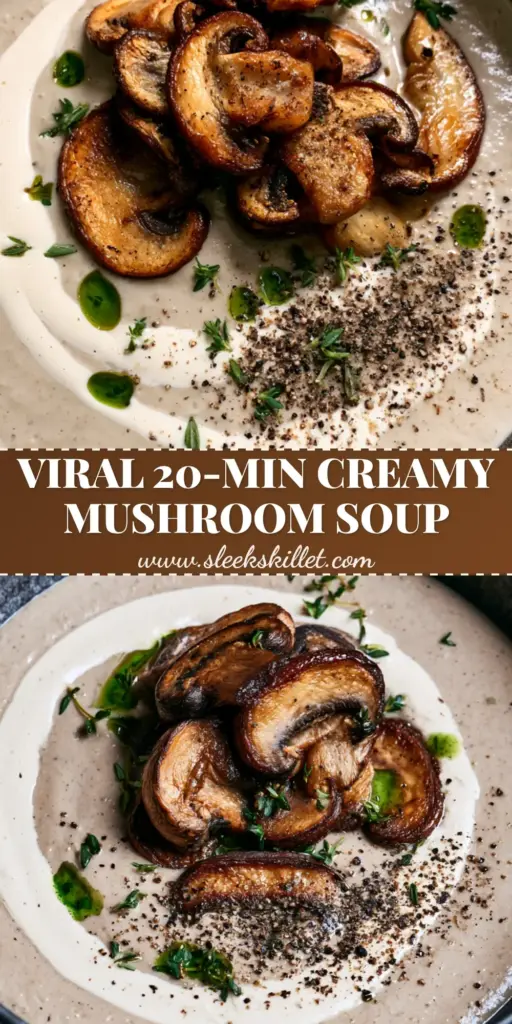 Vegan Cream of Mushroom Soup: Rich, Velvety, and Ultra-Creamy 4 A high-angle shot of a rustic charcoal bowl of vegan cream of mushroom soup with golden-brown mushroom slices and a cashew cream swirl.