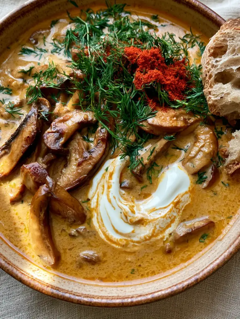 Hungarian Mushroom Soup recipe: A Creamy, Paprika-Infused Masterpiece 2 Rustic ceramic bowl of golden-brown Hungarian Mushroom Soup with seared cremini mushrooms and steam vapors. (Hungarian Mushroom Soup recipe)