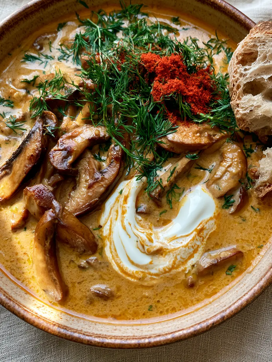Hungarian Mushroom Soup recipe: A Creamy, Paprika-Infused Masterpiece 4 Rustic ceramic bowl of golden-brown Hungarian Mushroom Soup with seared cremini mushrooms and steam vapors. (Hungarian Mushroom Soup recipe)