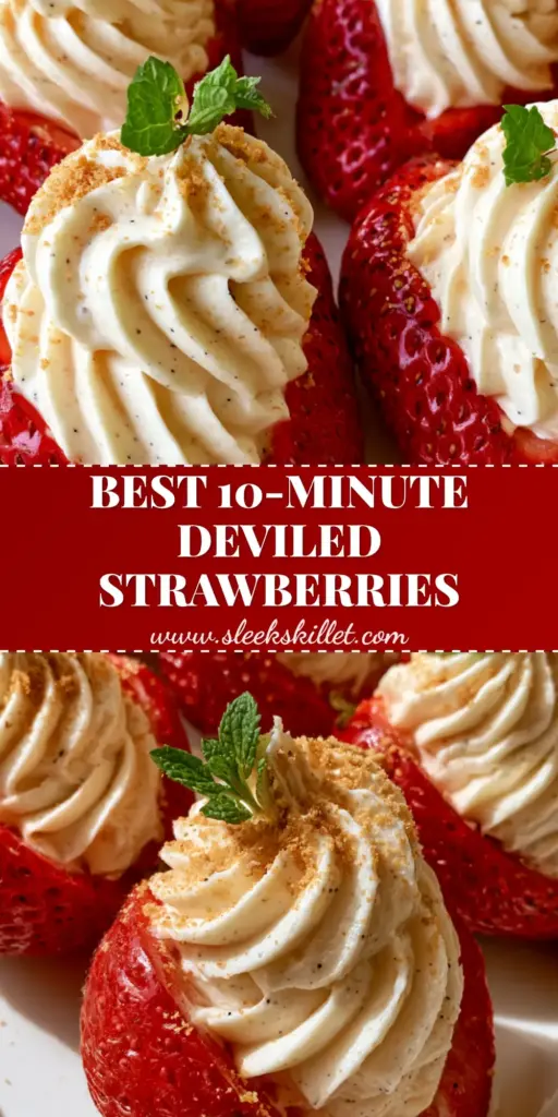 A close-up vertical shot of Deviled Strawberries filled with ivory cheesecake frosting and mint sprigs.