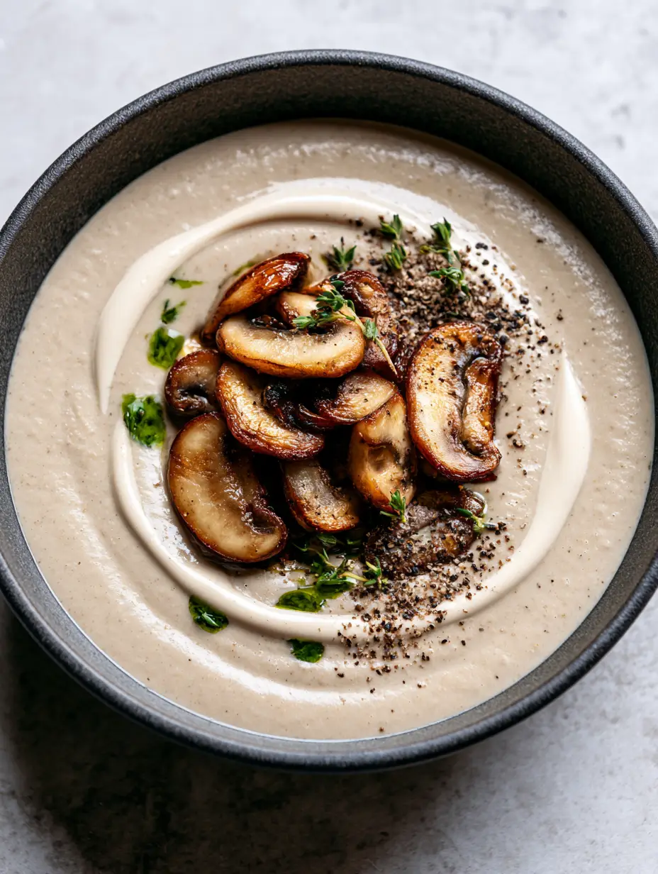 Vegan Cream of Mushroom Soup: Rich, Velvety, and Ultra-Creamy 3 Close-up of thick beige vegan cream of mushroom soup featuring crispy seared cremini mushrooms and fresh thyme.